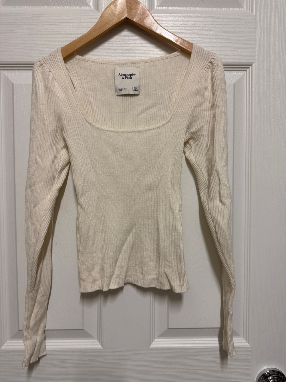 Abercrombie & Fitch Ivory Ribbed Long Sleeve Square Neck Top